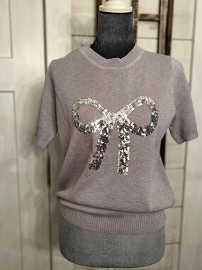 Sequined Bow Short-Sleeve Knit Top